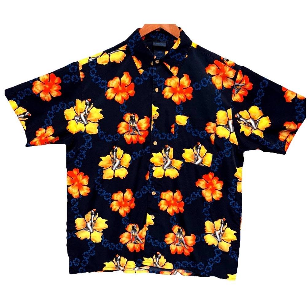 Extreme Gear Pinup Girl Hibiscus Button Up Shirt Mens L Blue Hawaiian‎ Tropical